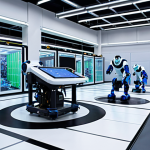 An ultra-modern, clean factory floor where skilled human technicians seamlessly collaborate with advanced, AI-powered collaborative robots (cobots). Real-time holographic displays visualize vast streams of data, showing predictive maintenance insights, dynamic production schedules, and precise quality control analytics. The atmosphere is vibrant with innovation, showcasing the perfect synergy between intelligent automation, data-driven decision-making, and empowered human expertise, representing the future of smart manufacturing.