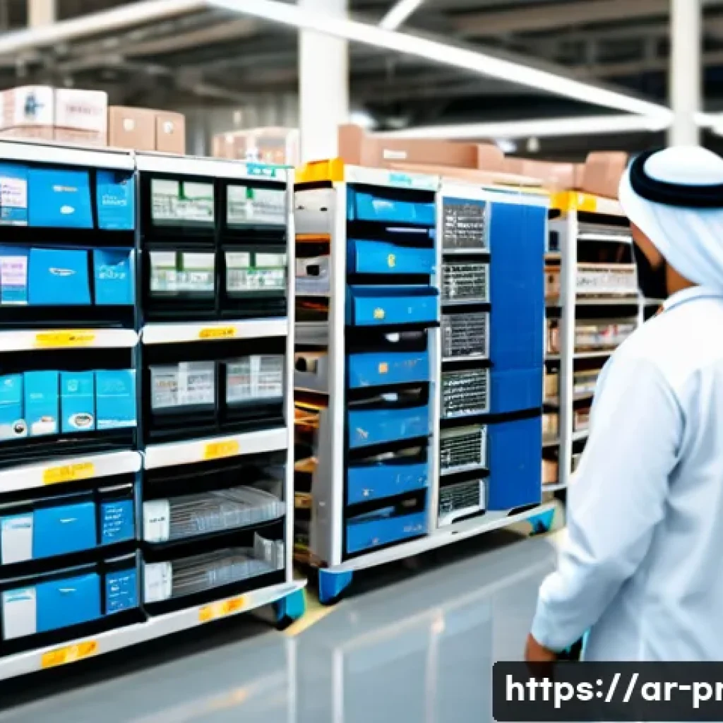 재고 관리와 생산관리의 연관성 - A modern Middle Eastern logistics and production facility interior, showing synchronized supply chai...