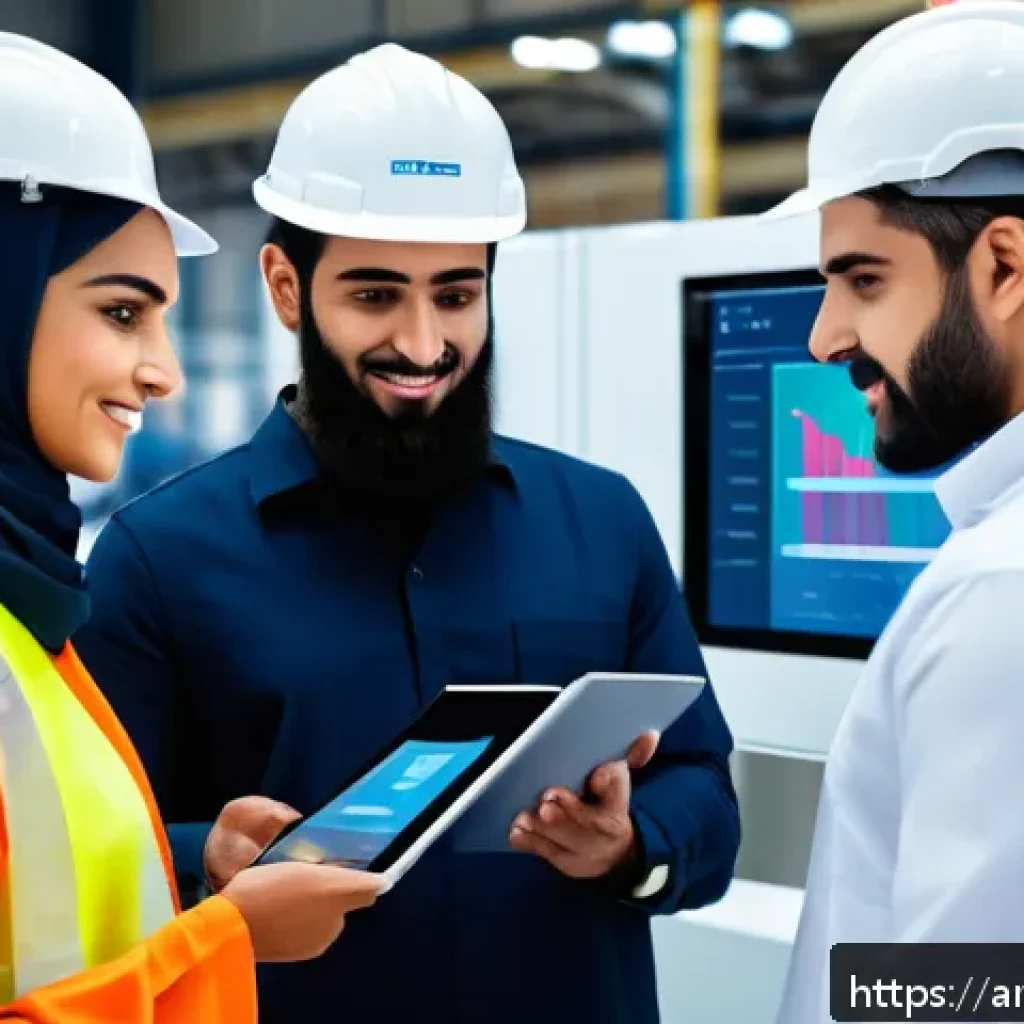 생산관리자가 자주 실수하는 업무와 피드백 - A modern industrial production team in a Middle Eastern factory, showcasing diverse Arabic male and ...