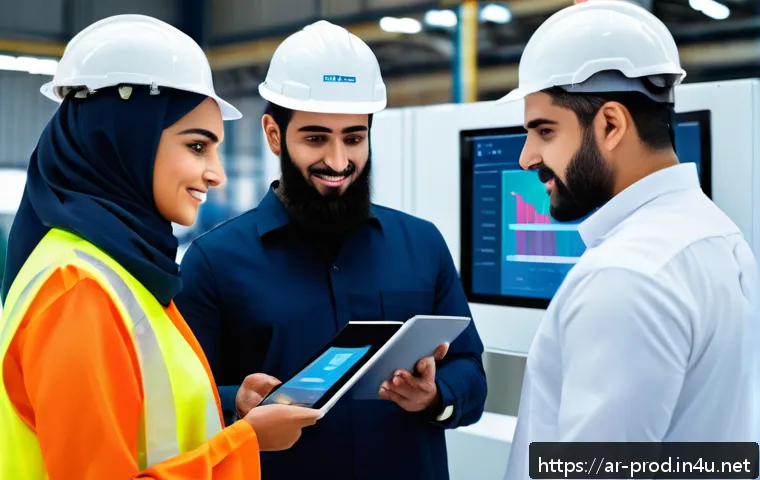 생산관리자가 자주 실수하는 업무와 피드백 - A modern industrial production team in a Middle Eastern factory, showcasing diverse Arabic male and ...