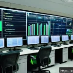 Home 20 생산관리 직무에서 사용하는 보고서 템플릿 - A modern industrial control room in a Middle Eastern factory, featuring large digital dashboards dis...