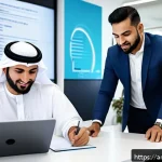 Home 19 생산관리자가 목표를 달성하기 위한 습관 - A professional Arabic business team in a modern office setting, engaged in a focused Pomodoro techni...